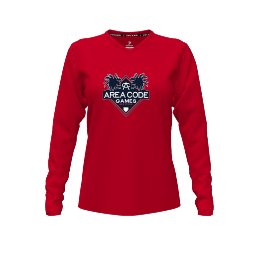 [FTLVCFRD-FYXS-LOGO2] Decker Comfort T-Shirt (Female Youth XS, Red, V Neck, Logo 2, Long Sleeve)