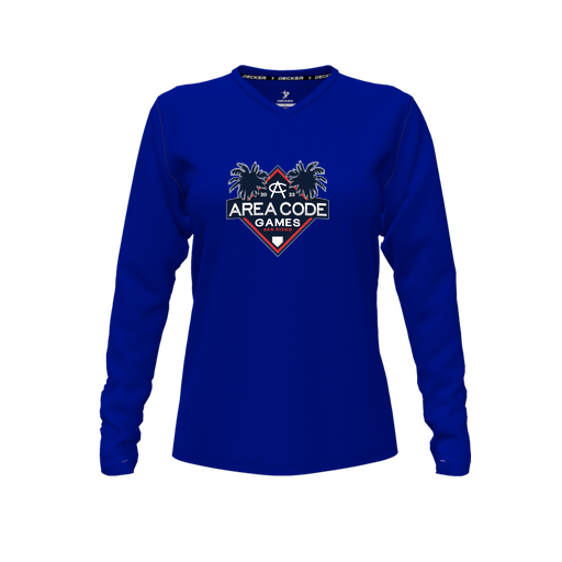 [CUS-DFW-TEES-PER-VNK-LSL-RYL-FYXS-LOGO2] Decker Performance T-Shirt (Female Youth XS, Royal, V Neck, Logo 2, Long Sleeve)